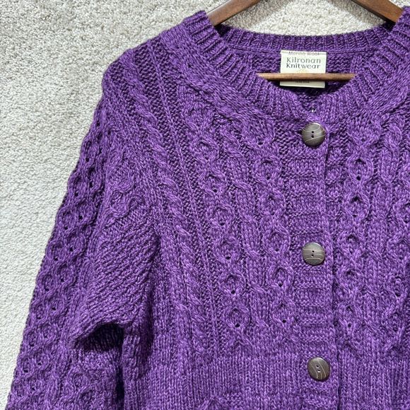 Kilronan Knitwear 100% Pure New Wool Cardigan Large Purple Chunky Knit Sweater - Picture 4 of 10